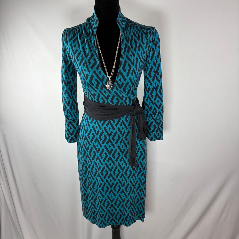 Diane von Furstenberg Tessa Wrap Dress Womens 2 Teal Geometric Silk Jersey - Picture 1 of 14